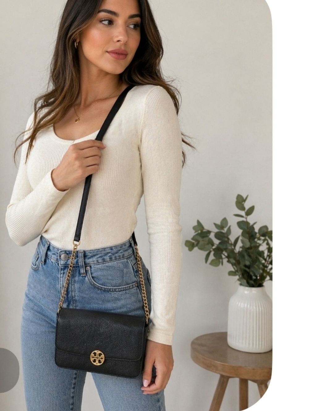 Tory Burch Black Pebbled Leather Crossbody Bag Gold Chain Logo Shoulder Purse